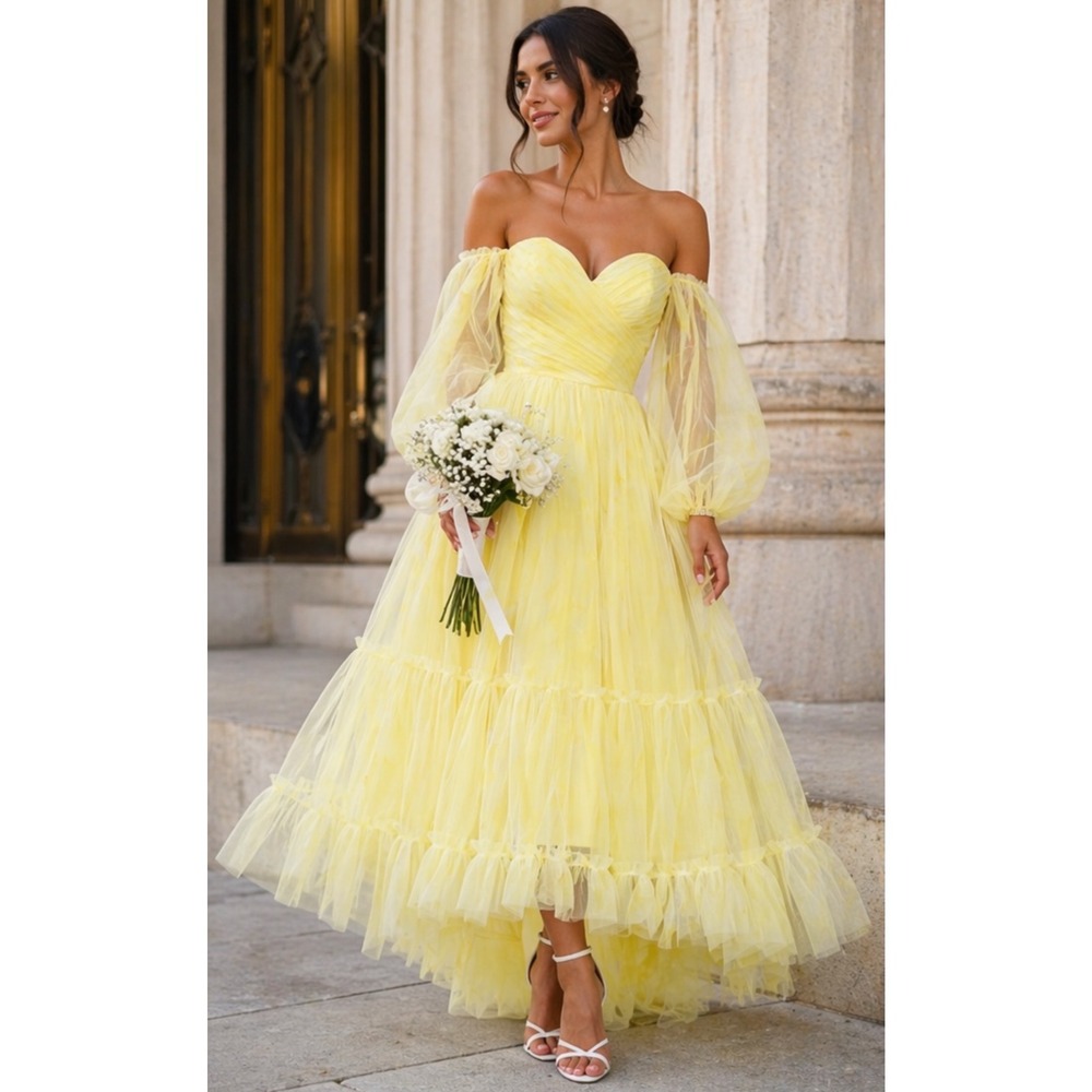 Jovani Yellow Tulle Corset Off Shoulder Ball Gown NWT Size 2 Bridal Garden
